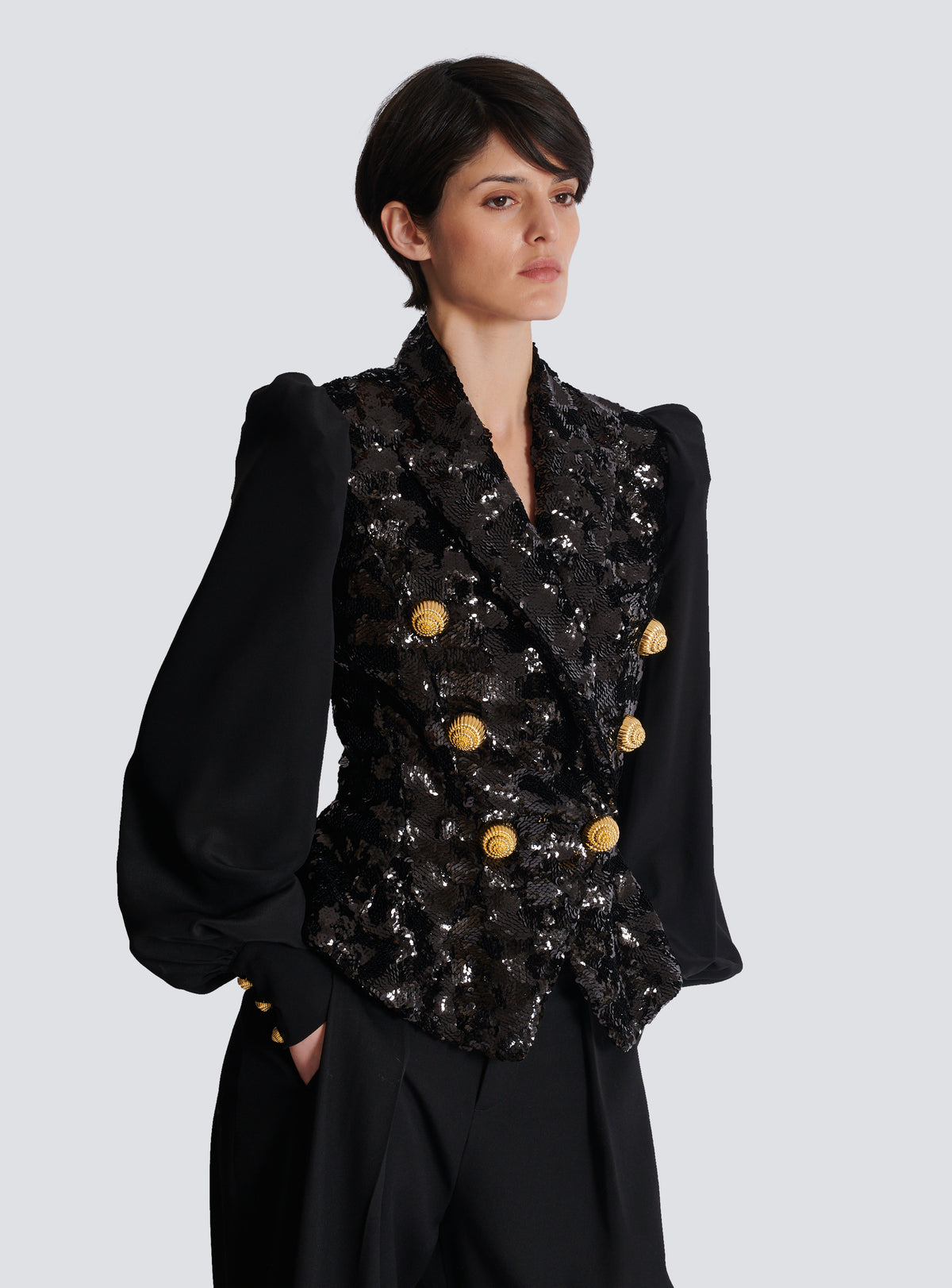 Veste 6 boutons sequins et mousseline - Noir
