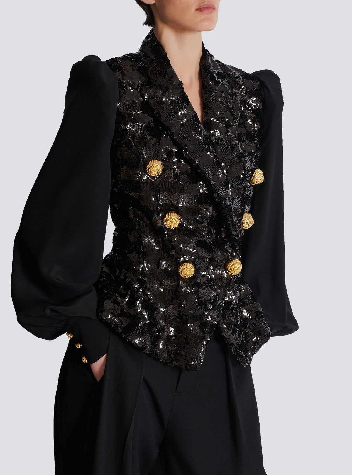 6-button sequin and chiffon jacket - Black
