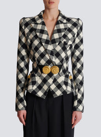 Veste ceinturée en tweed vichy avec deux boutons escargot - Noir & Blanc