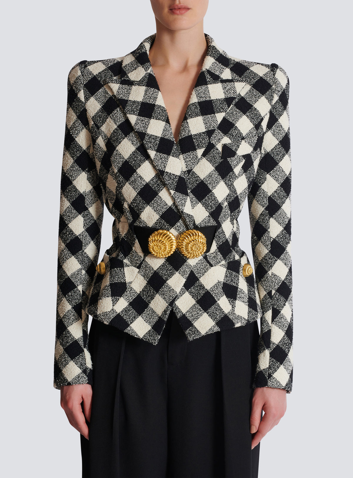 Veste ceinturée en tweed vichy avec deux boutons escargot - Noir & Blanc