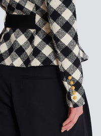 Veste ceinturée en tweed vichy avec deux boutons escargot - Noir & Blanc