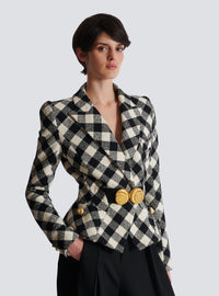 Veste ceinturée en tweed vichy avec deux boutons escargot - Noir & Blanc