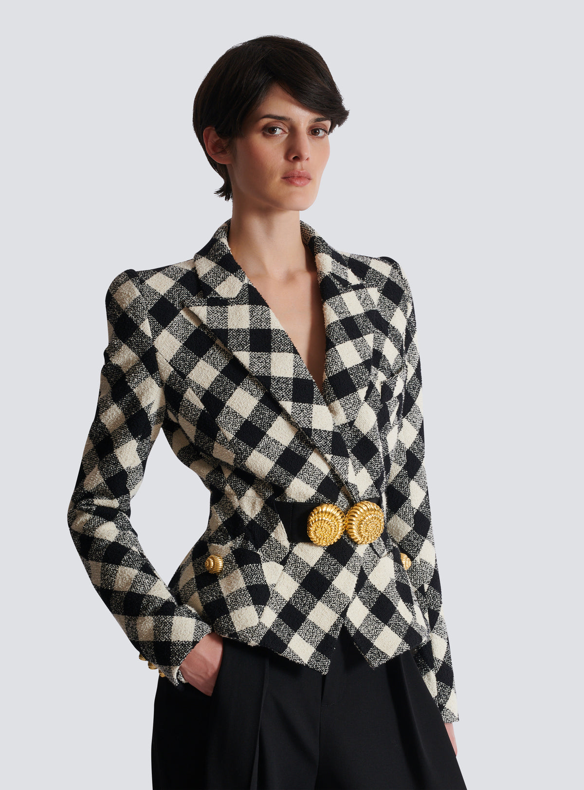 Veste ceinturée en tweed vichy avec deux boutons escargot - Noir & Blanc