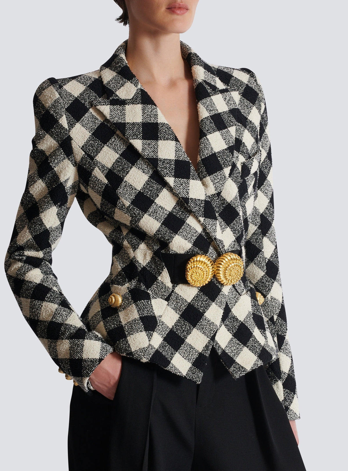 Veste ceinturée en tweed vichy - Noir & Blanc