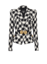 Veste ceinturée en tweed vichy avec deux boutons escargot - Noir & Blanc