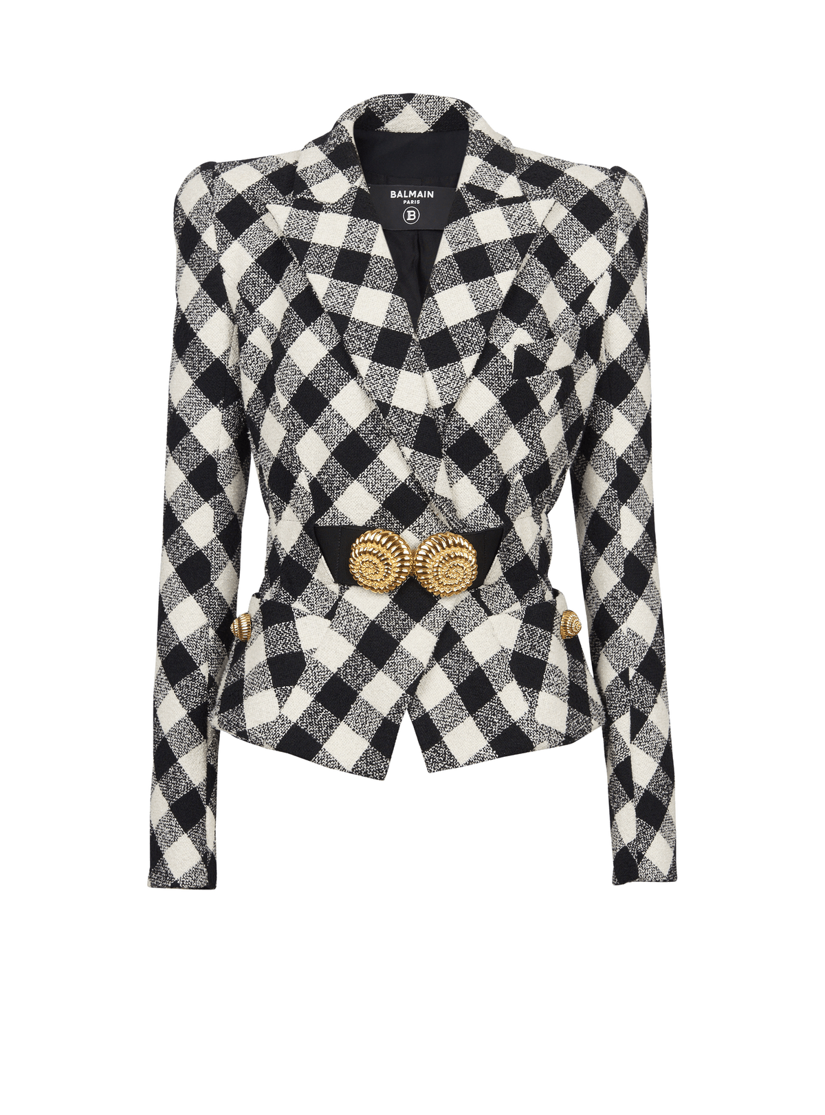 Veste ceinturée en tweed vichy avec deux boutons escargot - Noir & Blanc