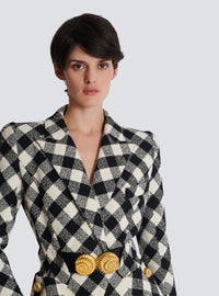 Veste ceinturée en tweed vichy avec deux boutons escargot - Noir & Blanc