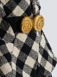 Veste ceinturée en tweed vichy avec deux boutons escargot - Noir & Blanc