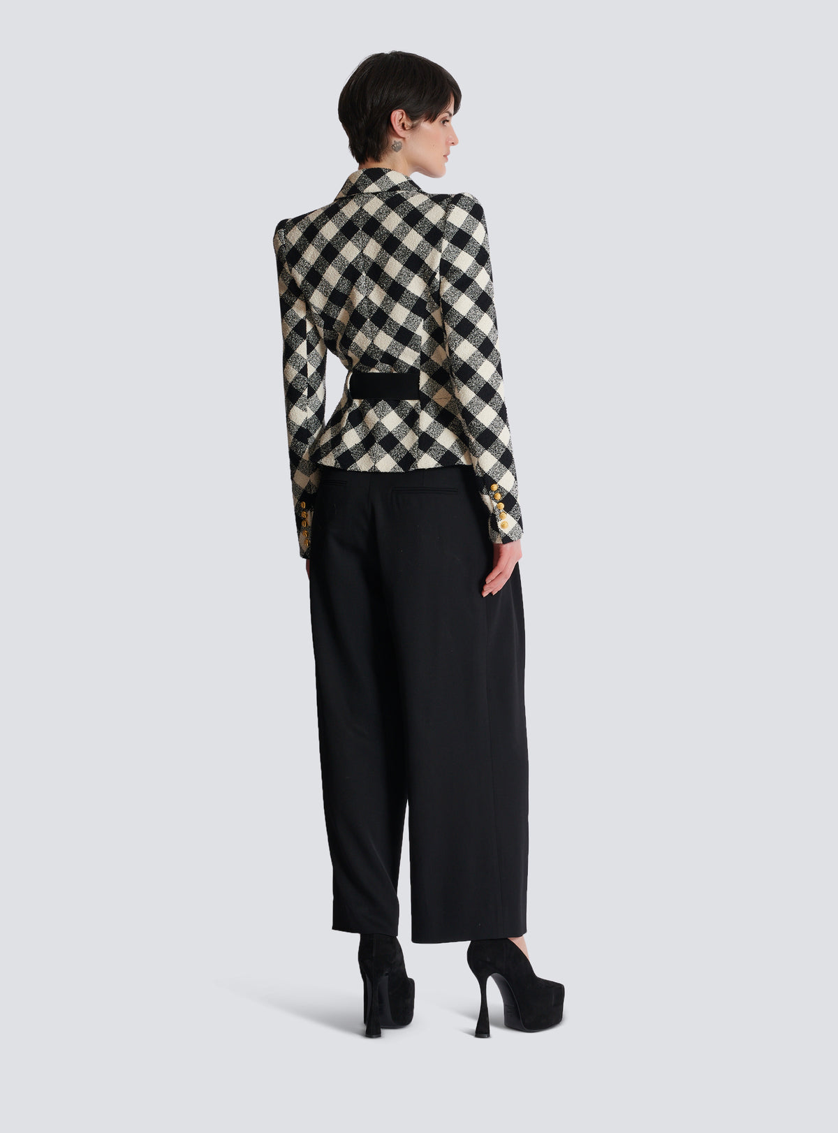 Veste ceinturée en tweed vichy avec deux boutons escargot - Noir & Blanc