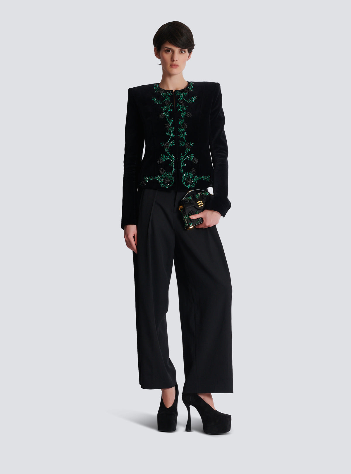 Veste en velours brodé mûre - Noir & Vert