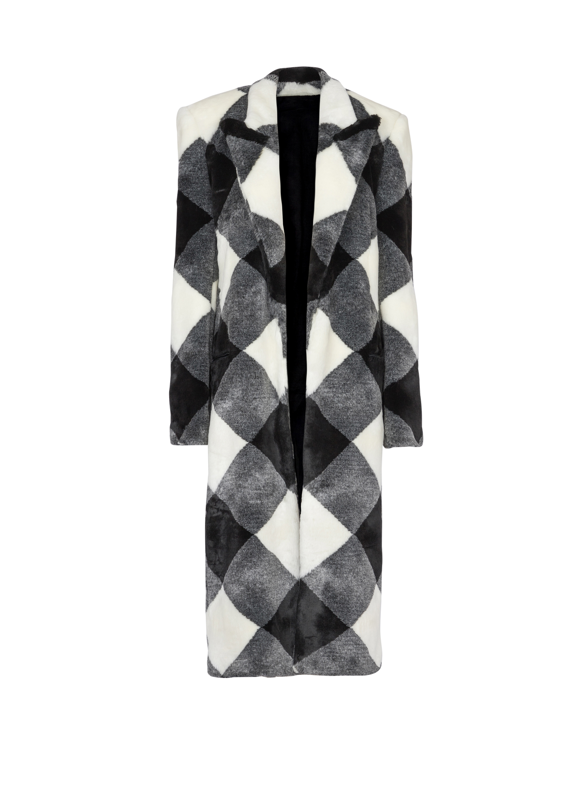 Manteau long vichy en fausse fourrure - Noir & Blanc
