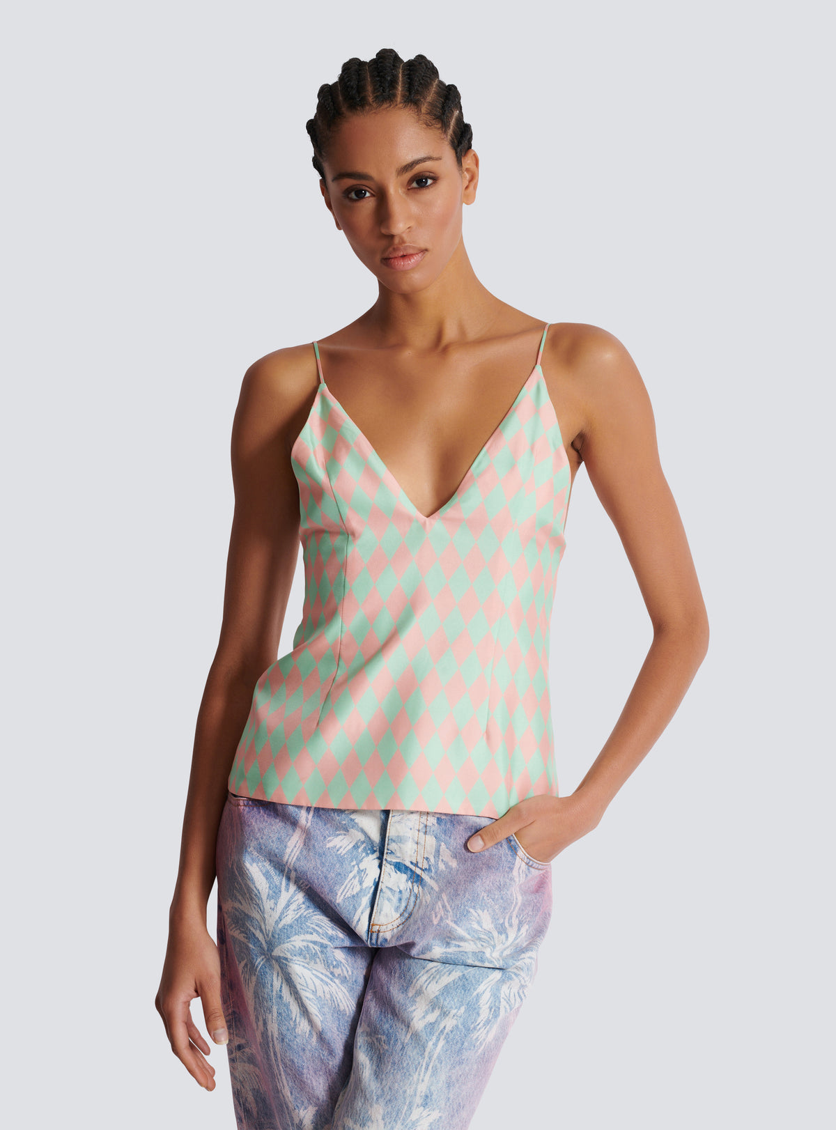 Top en soie imprimée diamond - Vert Pâle & Rose Pâle