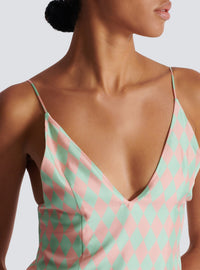 Top imprimé diamond en soie - Vert Pâle & Rose Pâle