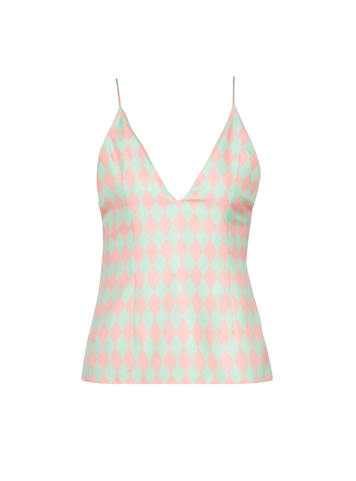 Top imprimé diamond en soie - Vert Pâle & Rose Pâle