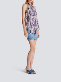Feather print top with lavallière collar - Light Grey & Multicolor