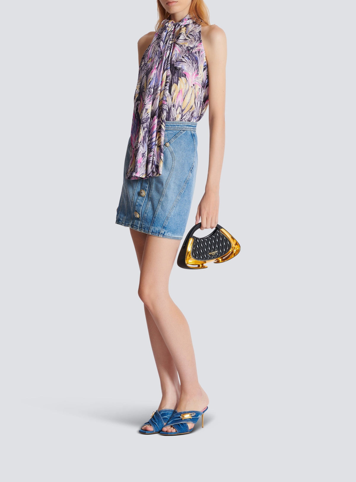 Feather print top with lavallière collar - Light Grey & Multicolor