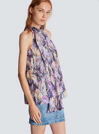 Top à col lavallière imprimé plumes - Gris Clair &  Multicolore