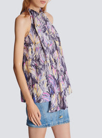 Feather print top with lavallière collar - Light Grey & Multicolor