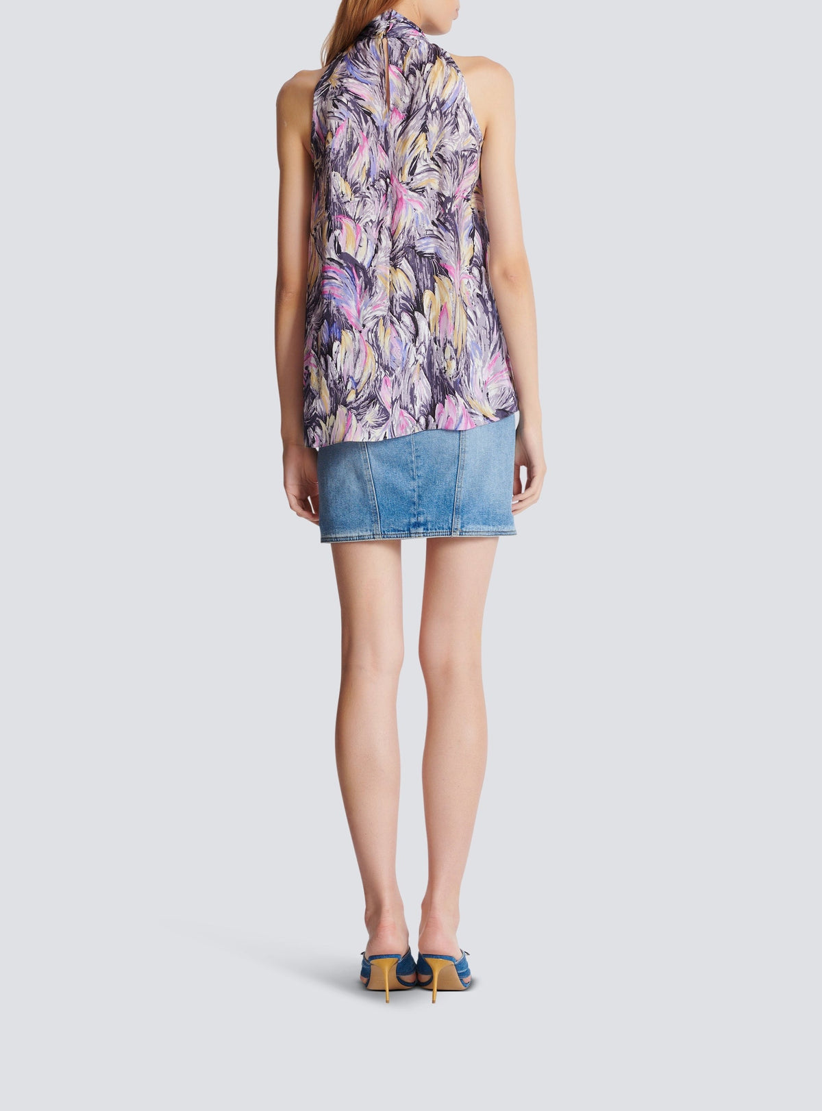 Feather print top with lavallière collar - Light Grey & Multicolor