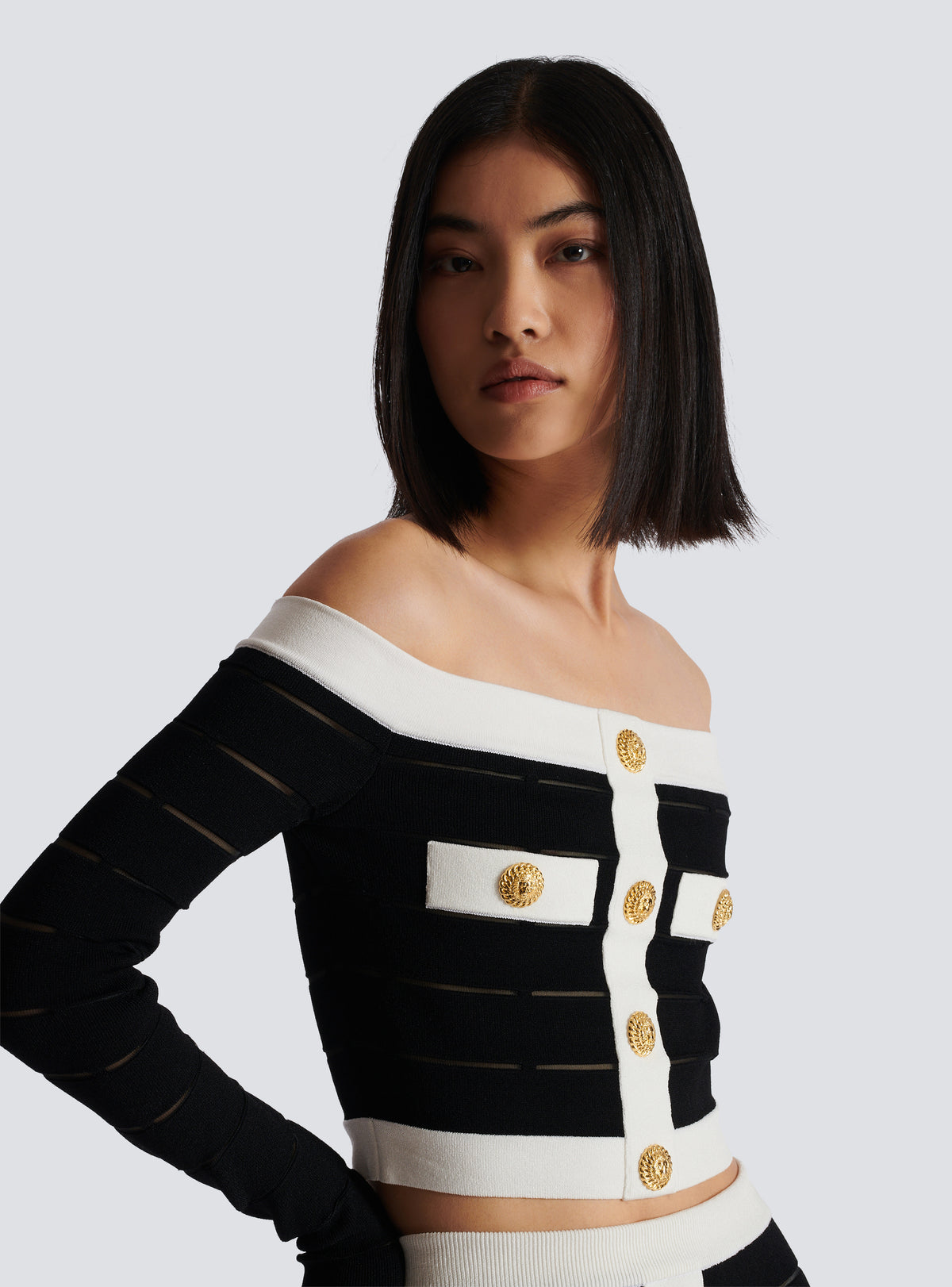 Top en maille à épaules dénudées - Noir & Blanc