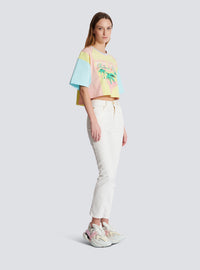 T-shirt imprimé palmier balmain signature - Jaune Citron &  Orange Corail &  Bleu Ci