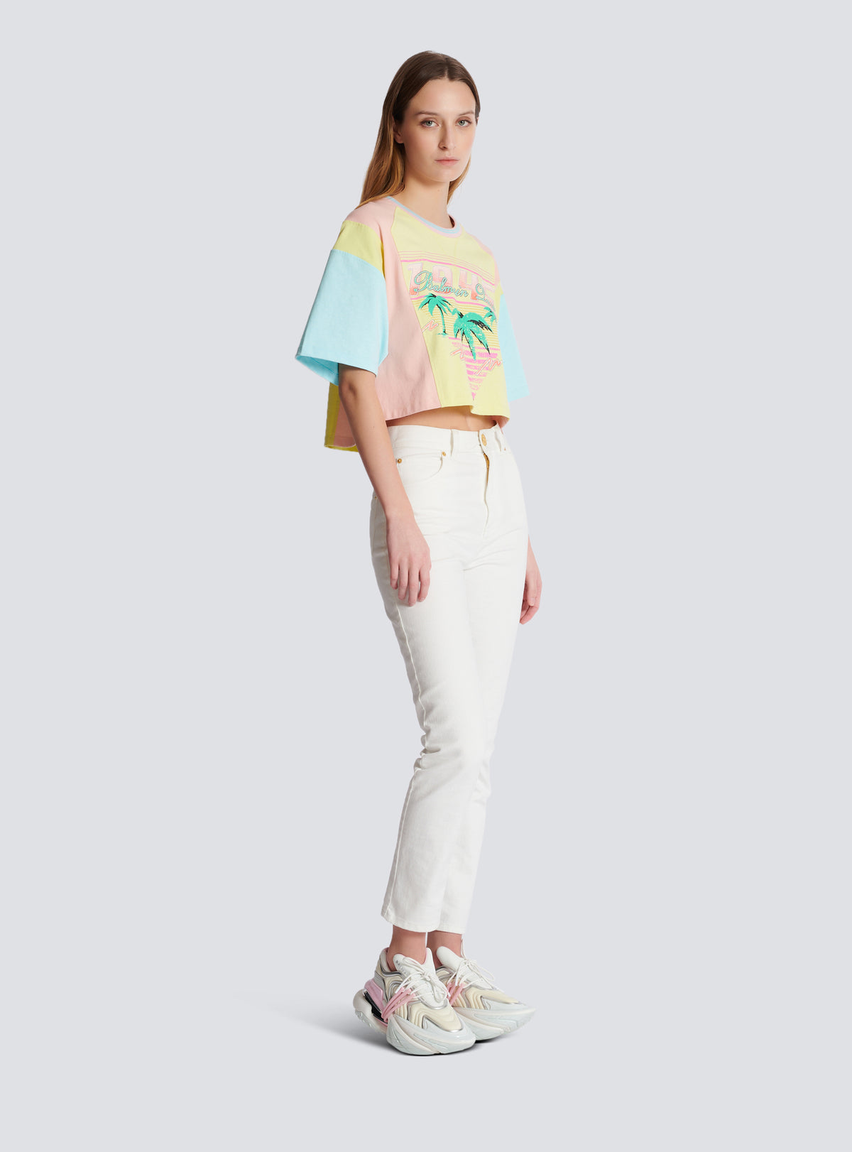 T-shirt imprimé palmier balmain signature - Jaune Citron &  Orange Corail &  Bleu Ci