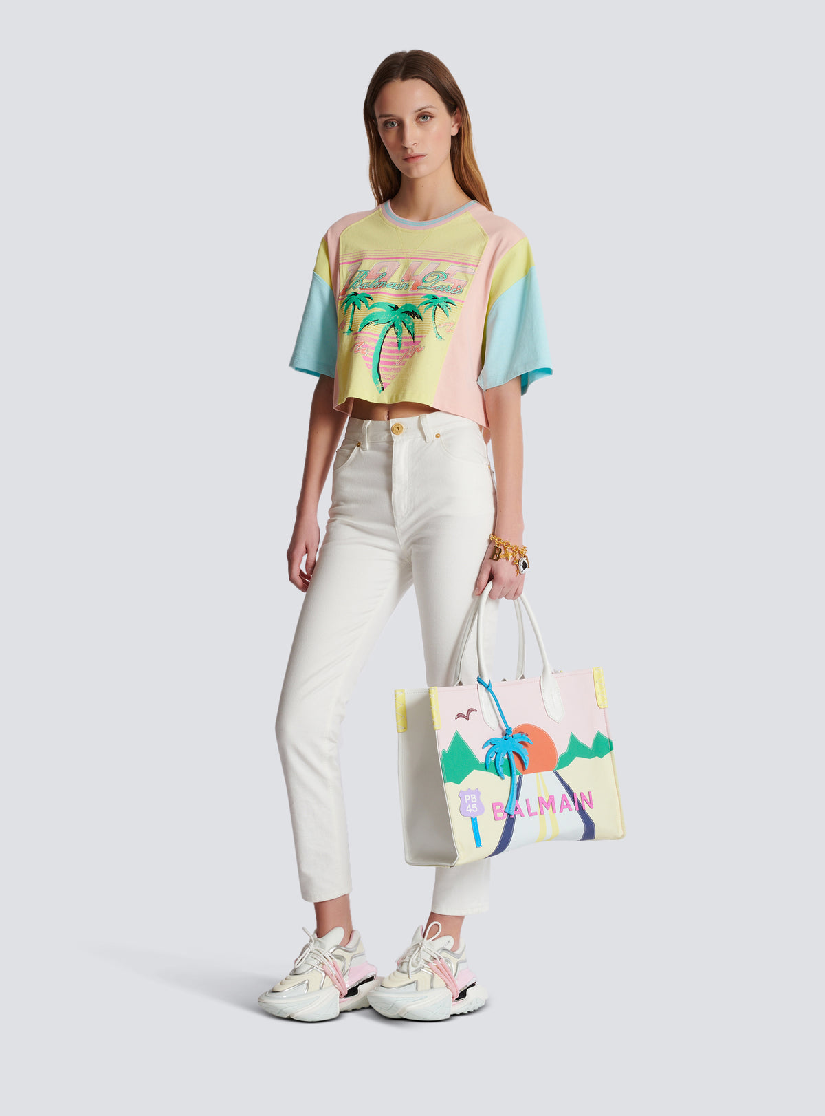 T-shirt imprimé palmier balmain signature - Jaune Citron &  Orange Corail &  Bleu Ci