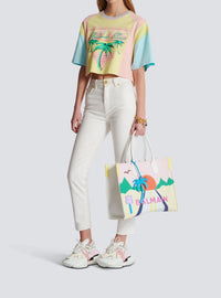Palm tree print T-shirt - Lemon Yellow & Coral Orange & Bleu Ci