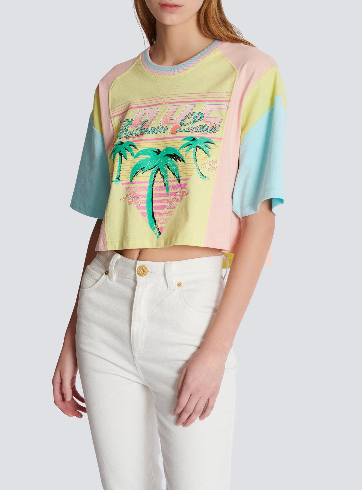 Palm tree print T-shirt - Lemon Yellow & Coral Orange & Bleu Ci