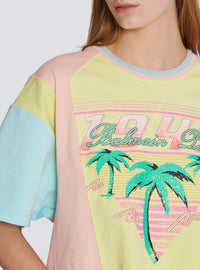 Palm tree print T-shirt - Lemon Yellow & Coral Orange & Bleu Ci