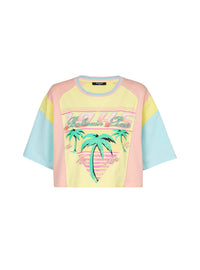 Palm tree print T-shirt - Lemon Yellow & Coral Orange & Bleu Ci