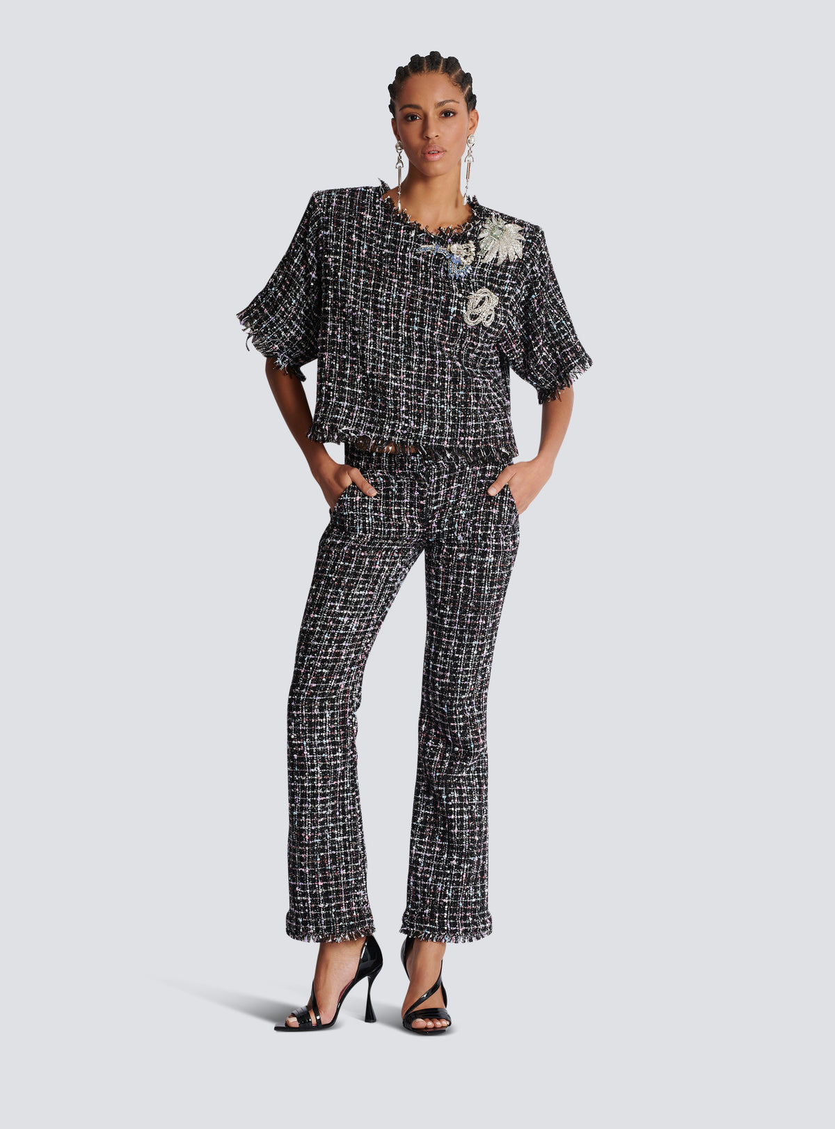 T-shirt court en tweed patches - Noir & Multico