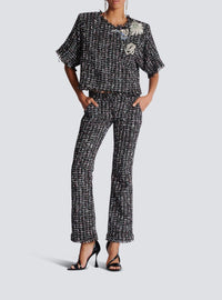 T-shirt court en tweed patches - Noir & Multicolore