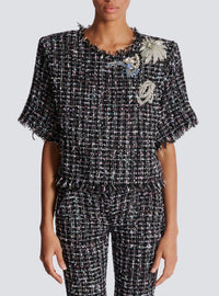 T-shirt court en tweed patches - Noir & Multico