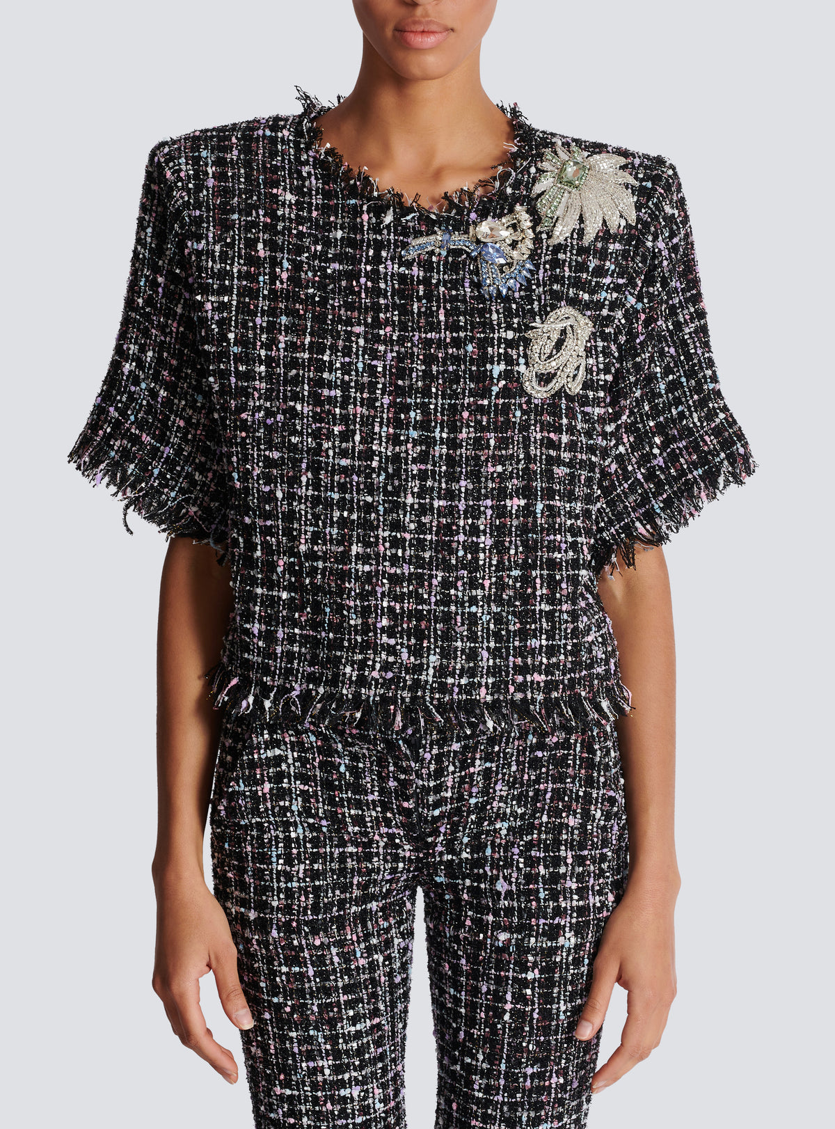 T-shirt court en tweed patches - Noir & Multico