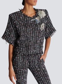 T-shirt court en tweed patches - Noir & Multicolore