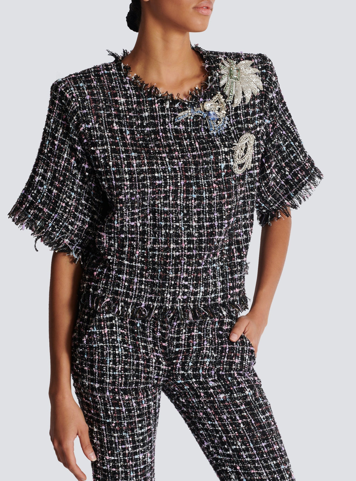 T-shirt court en tweed patches - Noir & Multicolore