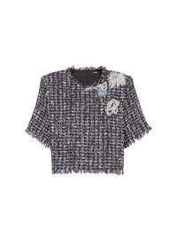 T-shirt court en tweed patches - Noir & Multicolore