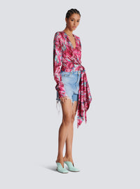 Blouse cache-cœur en satin imprimé plumes - Multi-Rose &  Turquoise