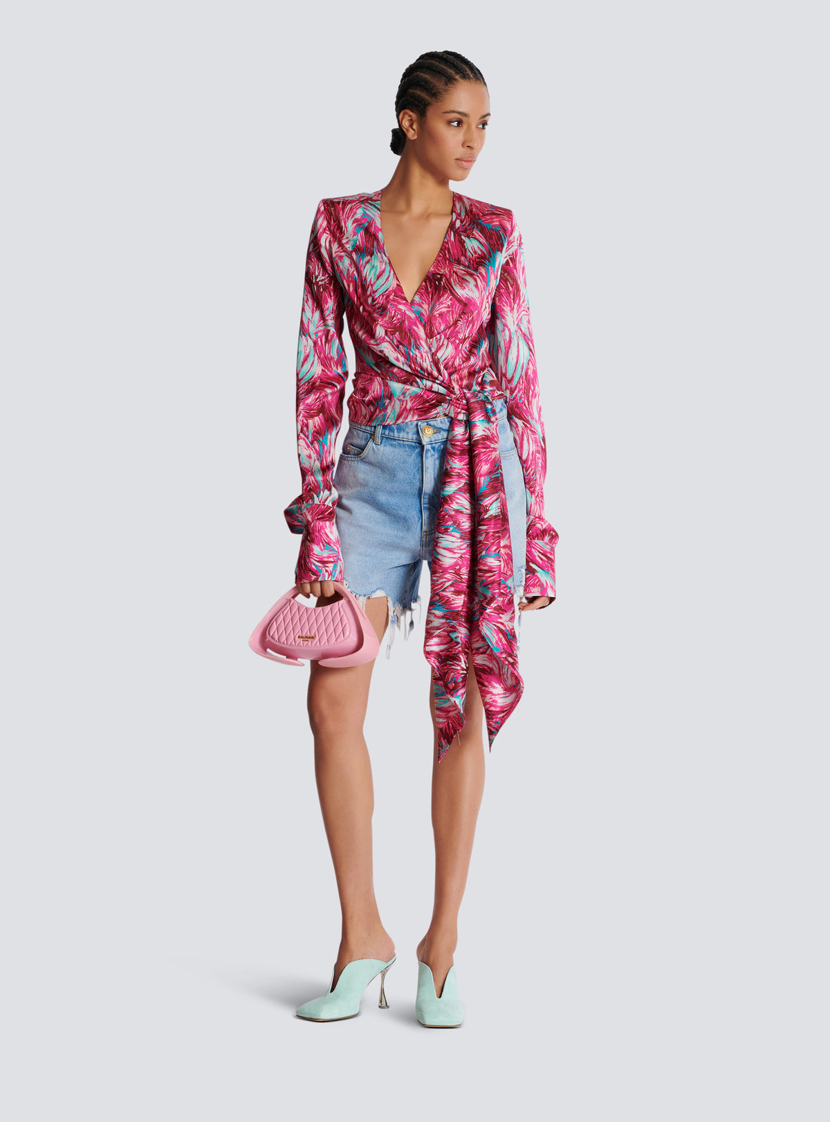 Blouse cache-cœur en satin imprimé plumes - Multi-Rose &  Turquoise