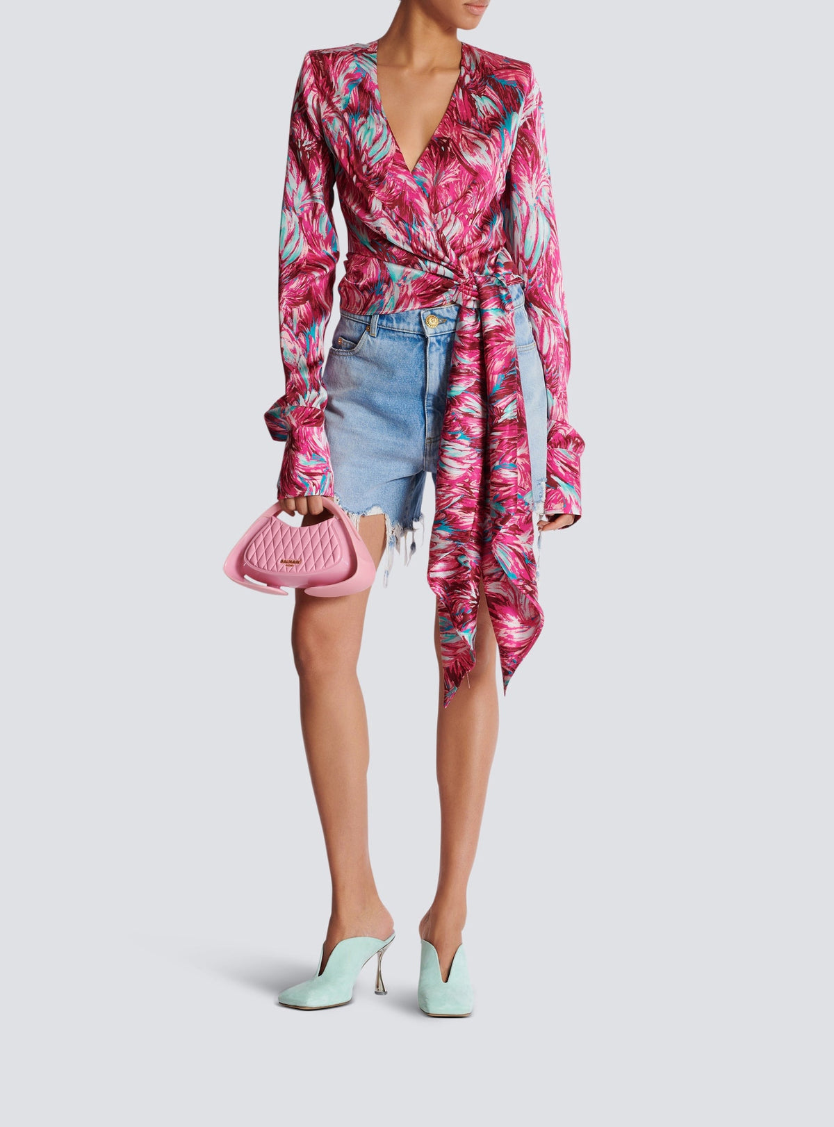 Blouse cache-cœur en soie - Rose & Turquoise