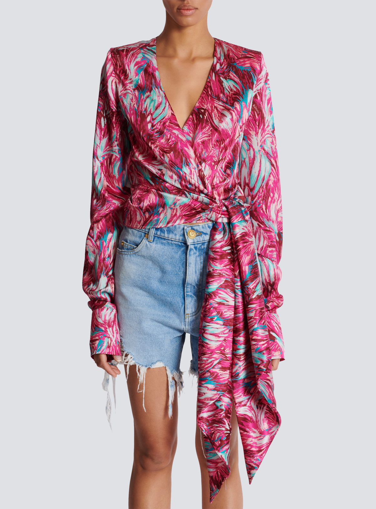 Blouse cache-cœur en satin imprimé plumes - Multi-Rose &  Turquoise