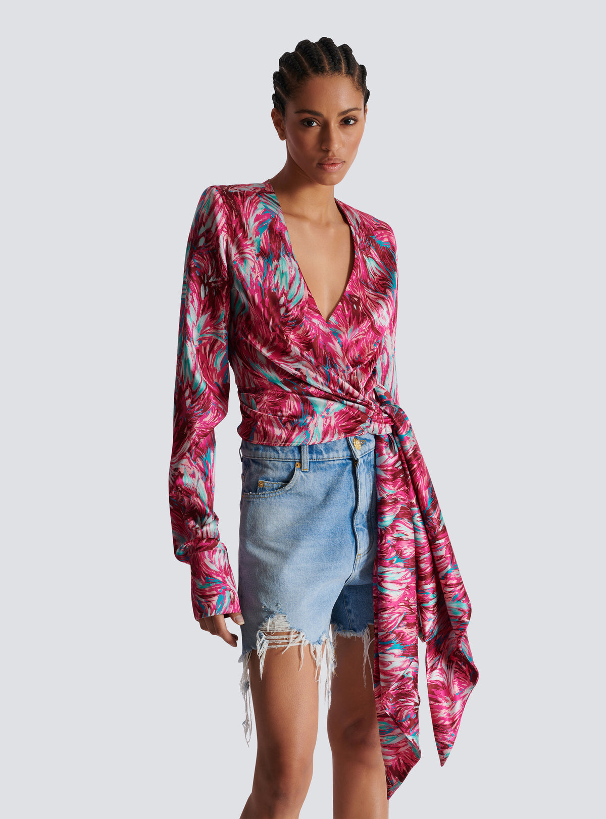 Blouse cache-cœur en satin imprimé plumes - Multi-Rose &  Turquoise