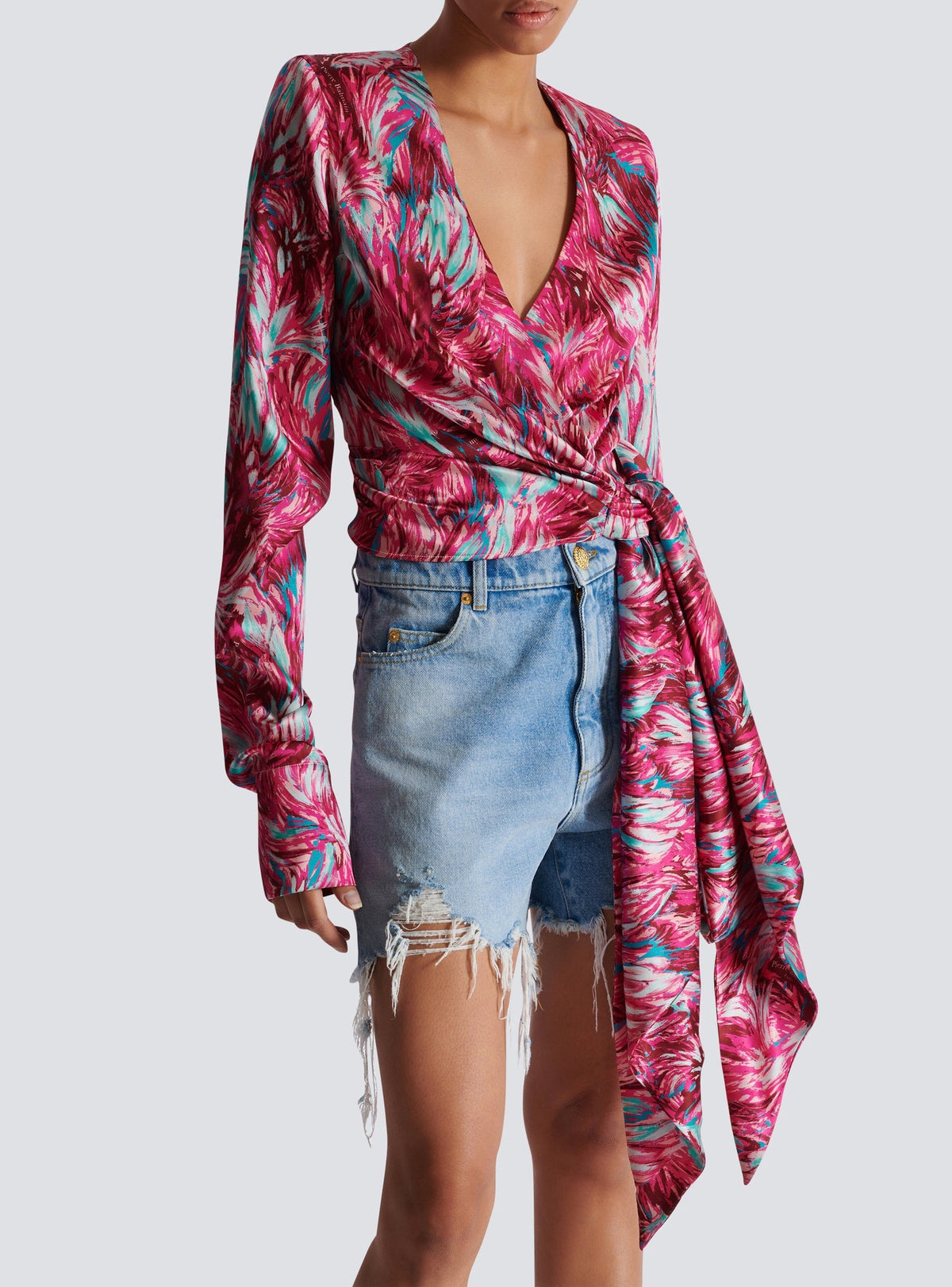Blouse cache-cœur en soie - Rose & Turquoise