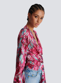 Blouse cache-cœur en satin imprimé plumes - Multi-Rose &  Turquoise