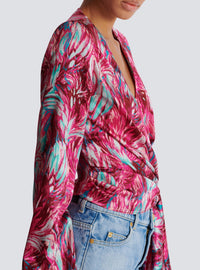 Blouse cache-cœur en soie - Rose & Turquoise