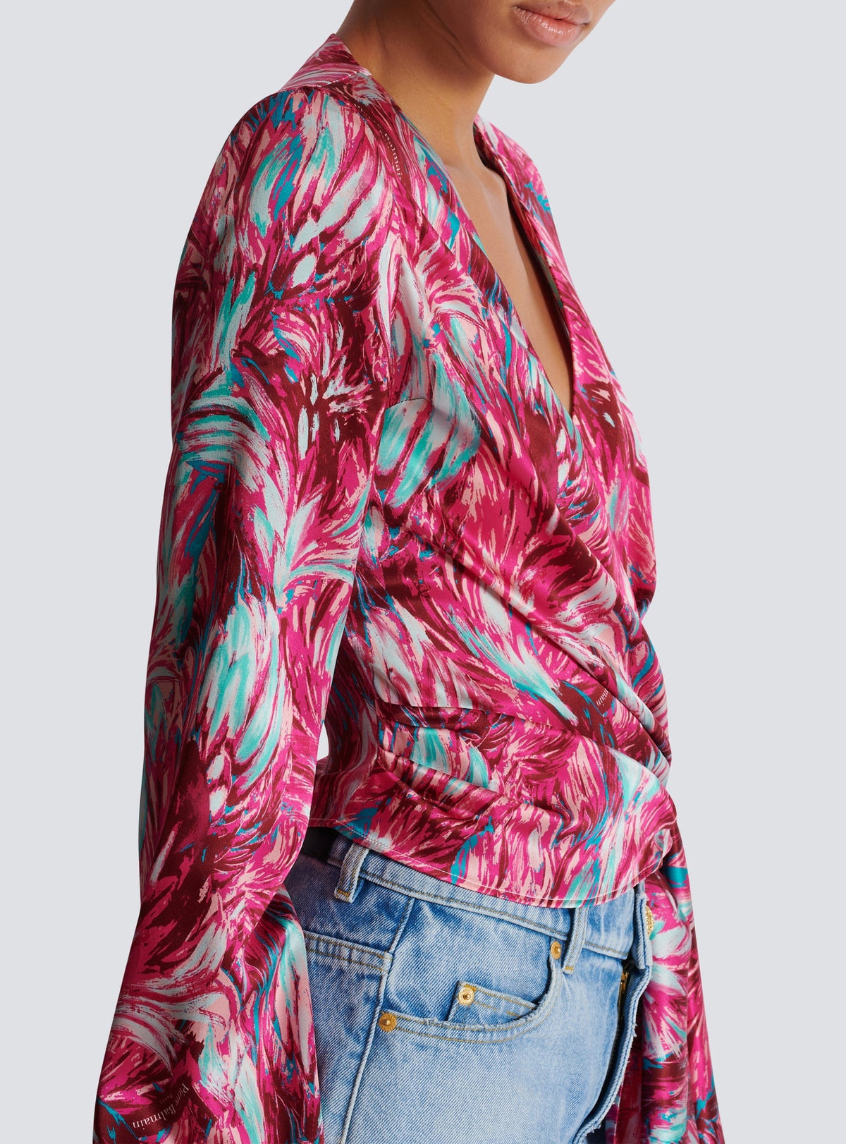 Blouse cache-cœur en soie - Rose & Turquoise