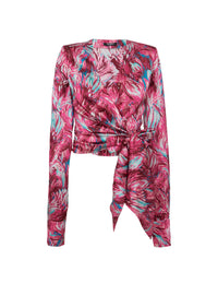 Blouse cache-cœur en satin imprimé plumes - Multi-Rose &  Turquoise