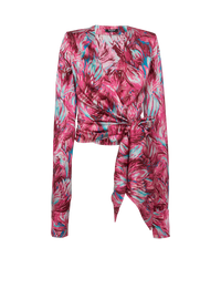 Blouse cache-cœur en satin imprimé plumes - Multi-Rose &  Turquoise