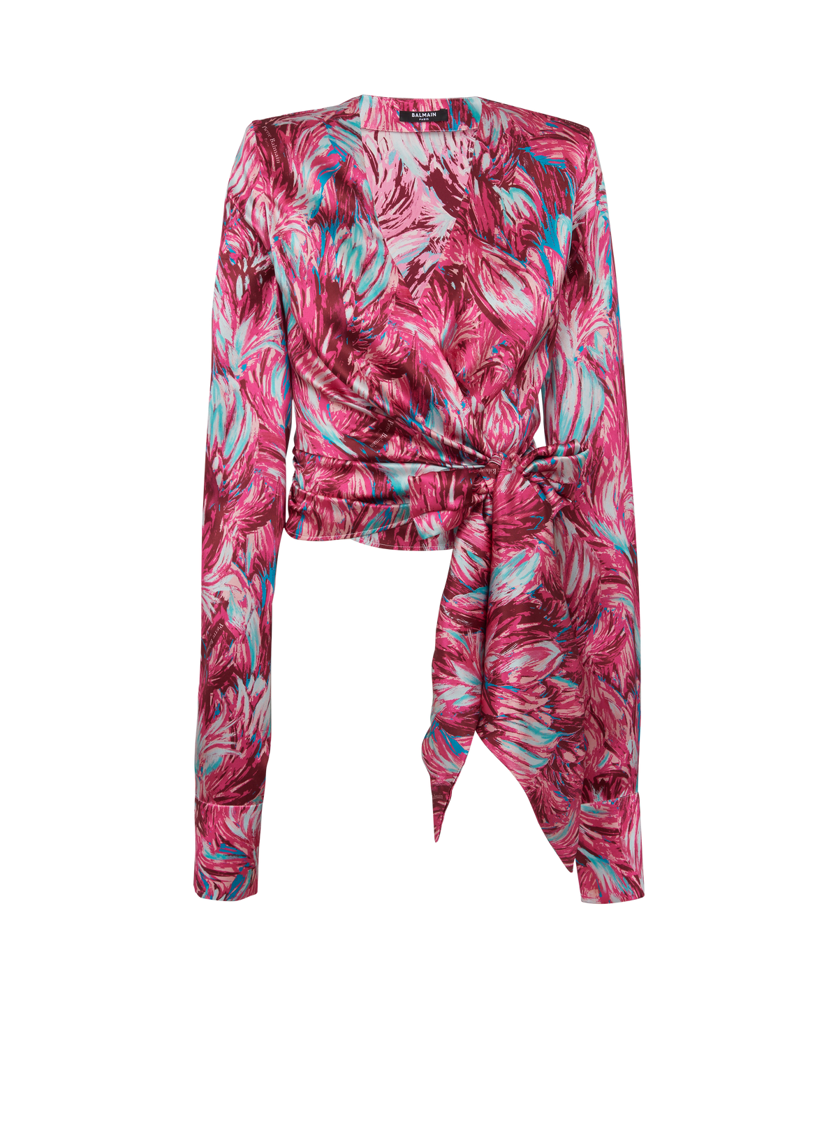 Blouse cache-cœur en satin imprimé plumes - Multi-Rose &  Turquoise